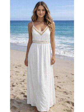 Japna Maxi Dress Large White Sleeveless Babydoll Smocked Embroidered Beach Boho